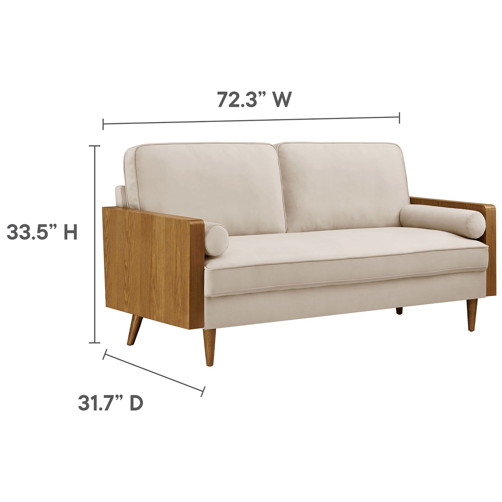 Dimension diagram of the Kellan performance velvet sofa showing overall width, depth, and height measurements || EEI-6944-WAL-ALM || dimension_studio