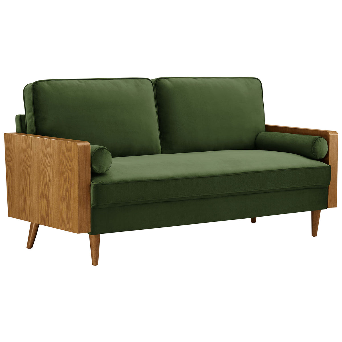 Mid-century modern green velvet sofa with warm wood veneer arms and tapered legs || EEI-6944-WAL-MOG || front_angle_studio