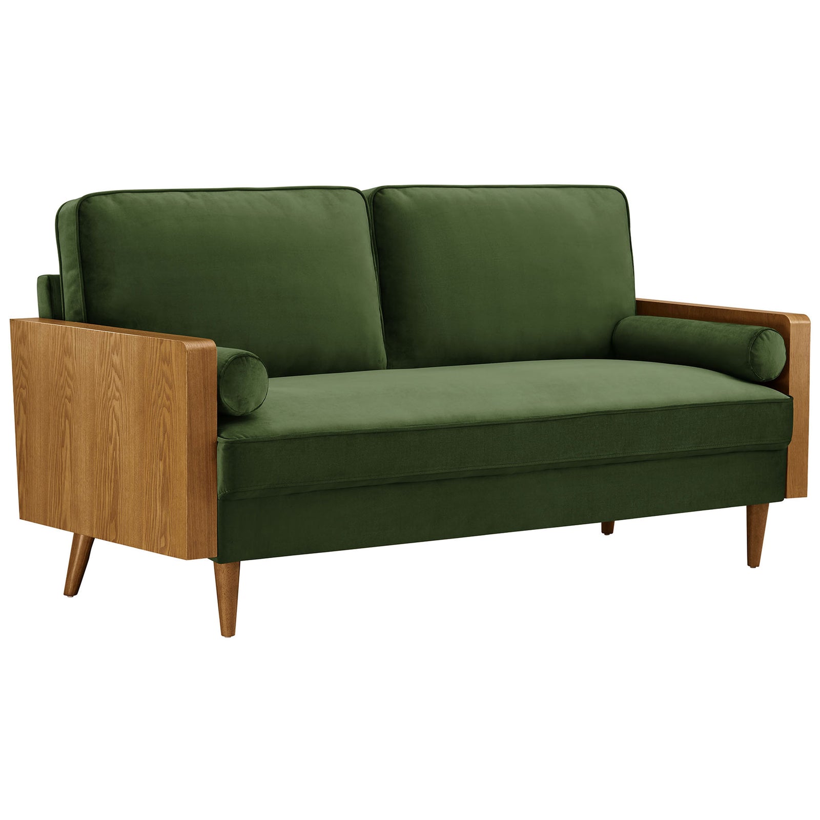 Mid-century modern green velvet sofa with warm wood veneer arms and tapered legs || EEI-6944-WAL-MOG || front_angle_studio