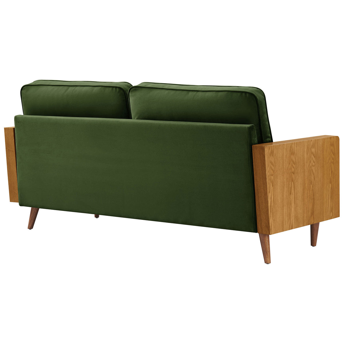 Green performance velvet sofa with smooth upholstered back and angled wood legs || EEI-6944-WAL-MOG || back_angle_studio