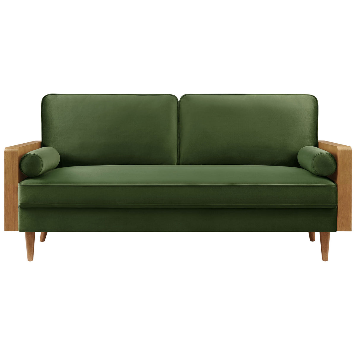 Green velvet sofa with walnut wood arms, plush cushions, and matching bolster pillows || EEI-6944-WAL-MOG || front_studio