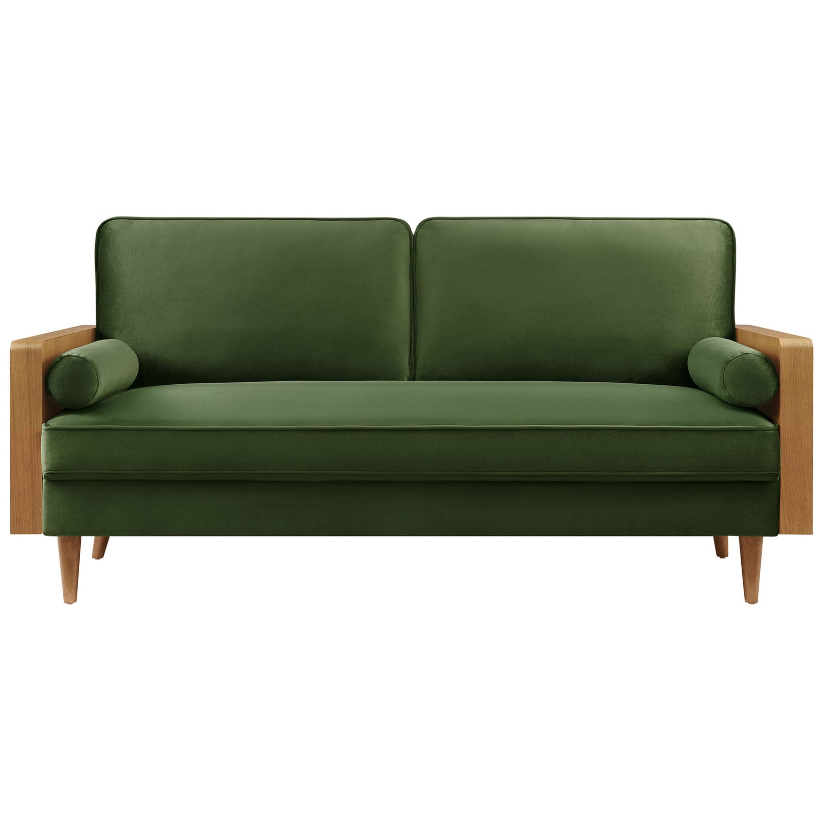 Green velvet sofa with walnut wood arms, plush cushions, and matching bolster pillows || EEI-6944-WAL-MOG || front_studio