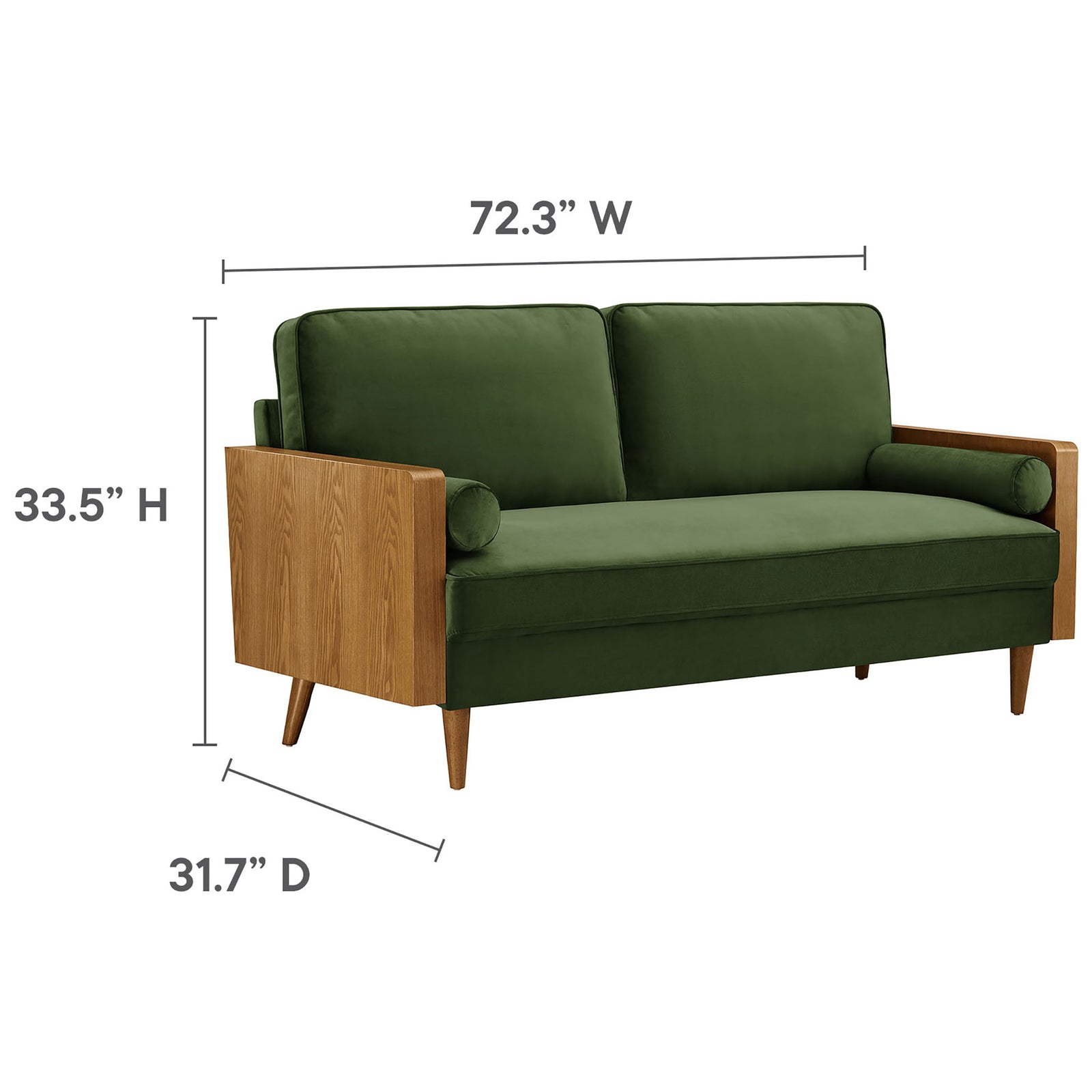Dimensions of the green velvet sofa with walnut wood arms showing overall width, depth, and height || EEI-6944-WAL-MOG || dimension_studio