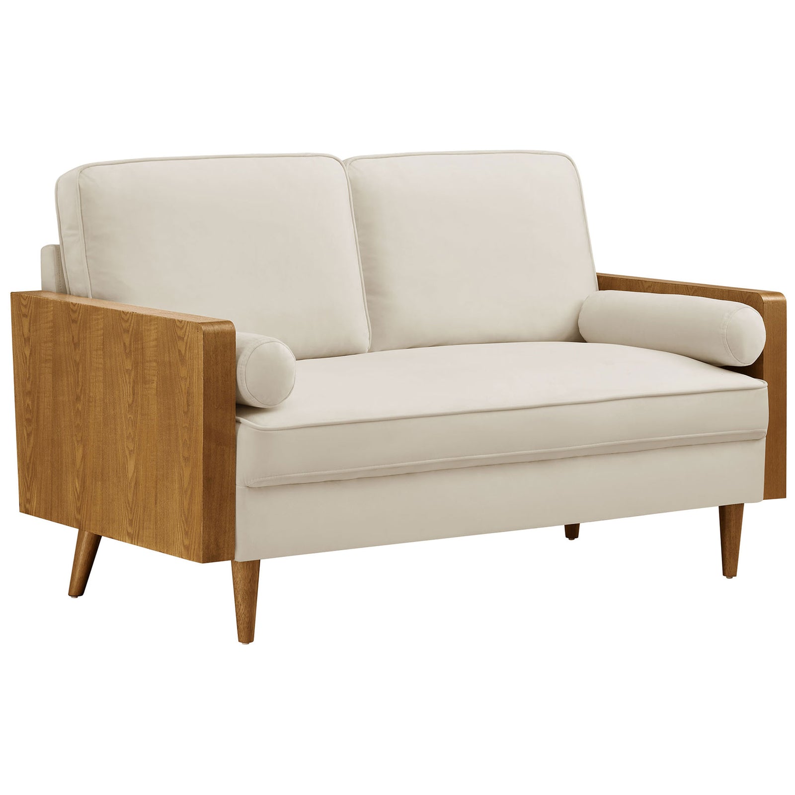 Cream performance velvet loveseat with walnut wood arms and bolster pillows for a warm mid-century look || EEI-6945-WAL-ALA || front_angle_studio