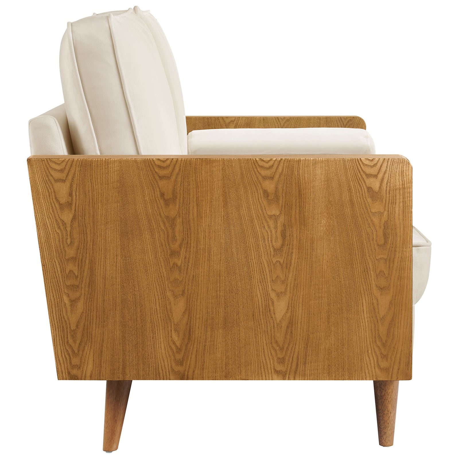 Sleek side profile showing rich walnut veneer panels and tapered wood legs on the cream velvet loveseat || EEI-6945-WAL-ALA || side_studio