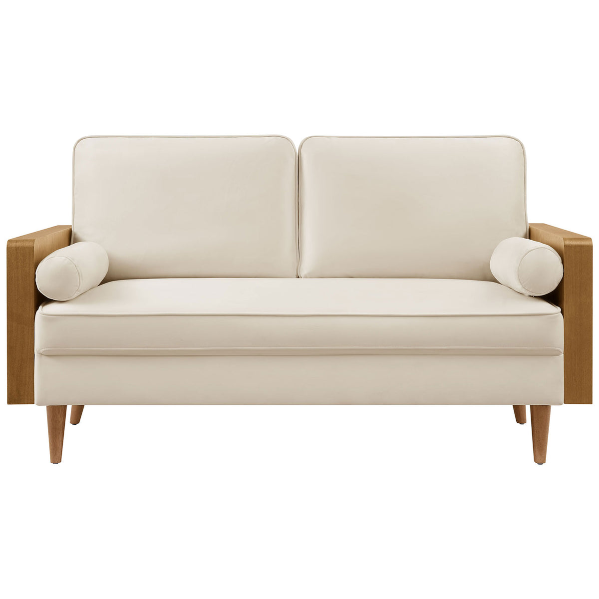 Compact mid-century loveseat in cream performance velvet with twin back cushions and matching bolster pillows || EEI-6945-WAL-ALA || front_studio