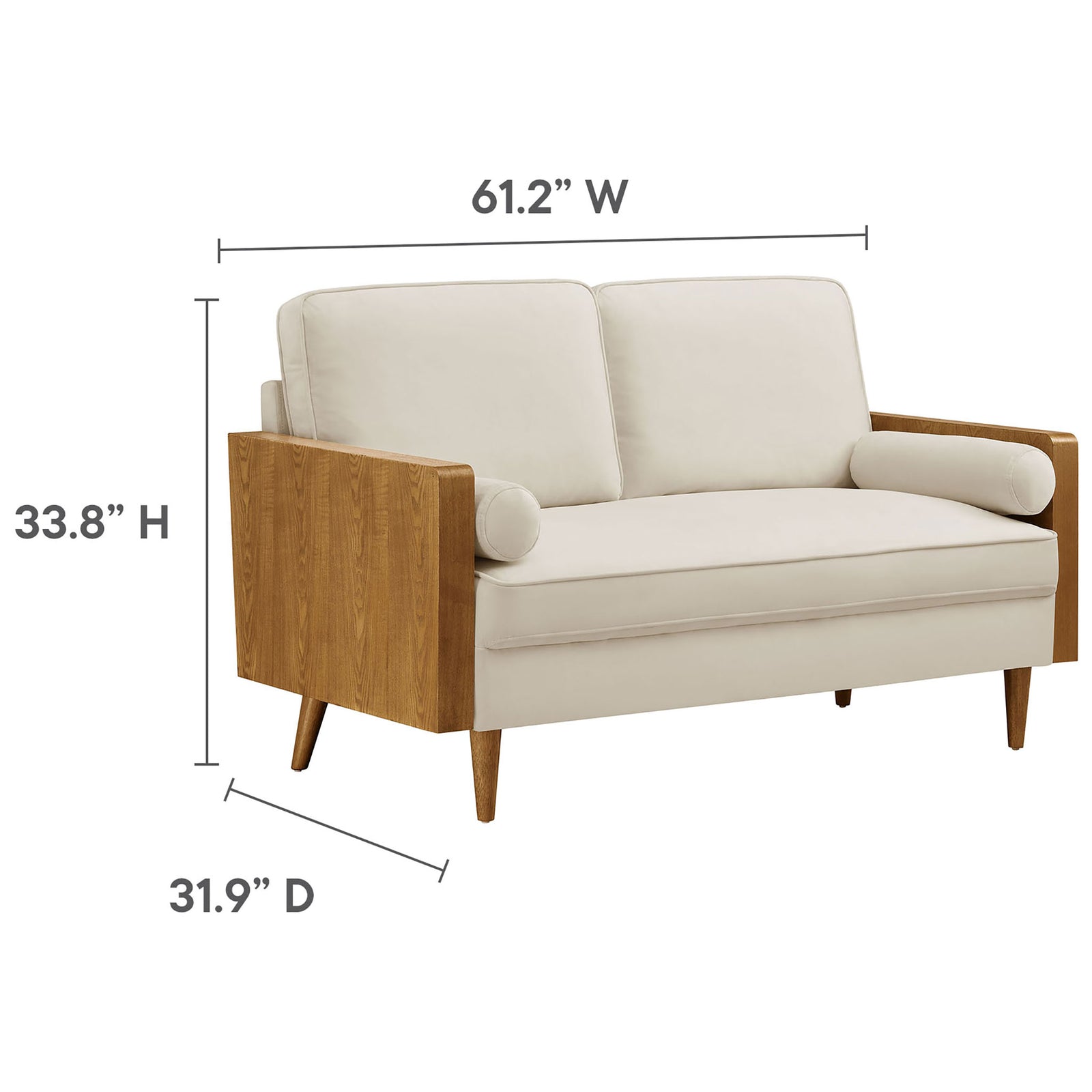 Loveseat dimensions showing height, width, and depth measurements for the cream velvet and walnut frame || EEI-6945-WAL-ALA || dimension_studio