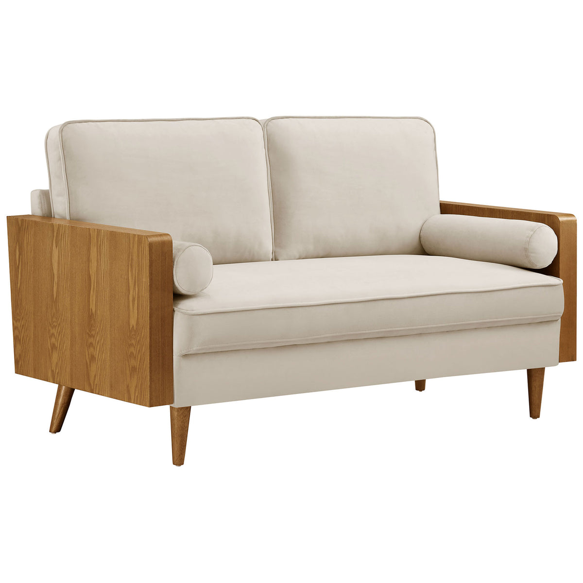 Cream velvet loveseat with wood veneer arms and tapered legs for a warm mid century look || EEI-6945-WAL-ALM || front_angle_studio