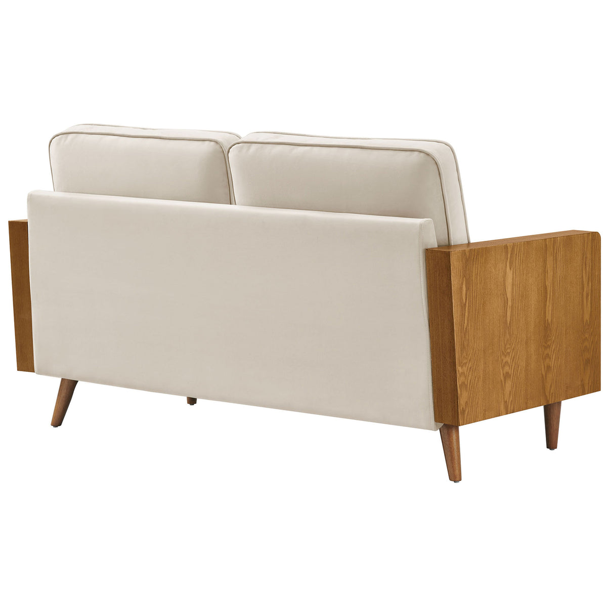 Cream velvet loveseat with smooth back upholstery and extended wood arm panels || EEI-6945-WAL-ALM || back_angle_studio