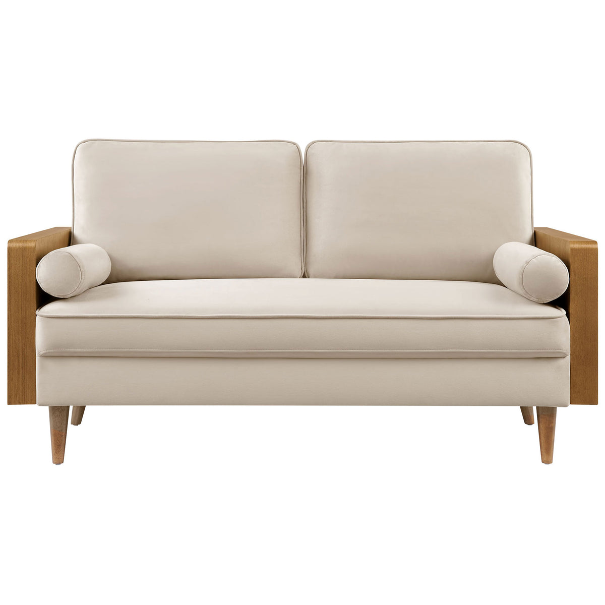 Compact cream velvet loveseat with two back cushions and matching bolster pillows || EEI-6945-WAL-ALM || front_studio