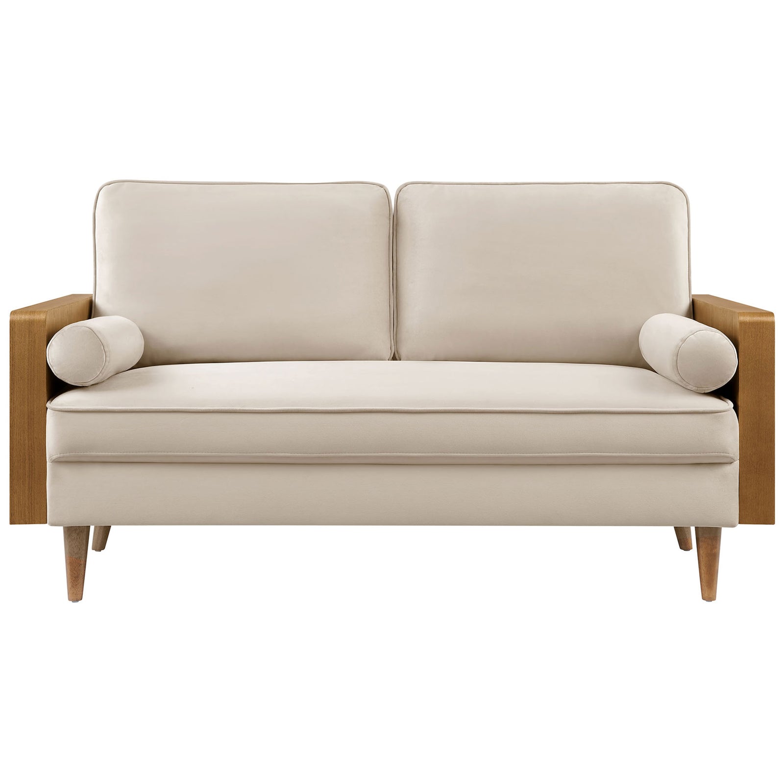 Compact cream velvet loveseat with two back cushions and matching bolster pillows || EEI-6945-WAL-ALM || front_studio
