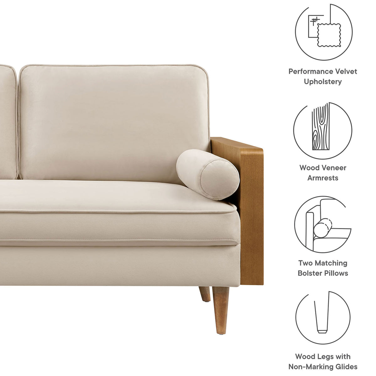 Performance velvet loveseat with wood armrests, bolster pillows, and tapered legs outlined in feature icons || EEI-6945-WAL-ALM || callout_studio