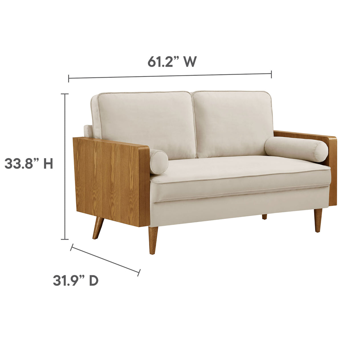Loveseat with measurement lines indicating overall width, depth, and height dimensions || EEI-6945-WAL-ALM || dimension_studio