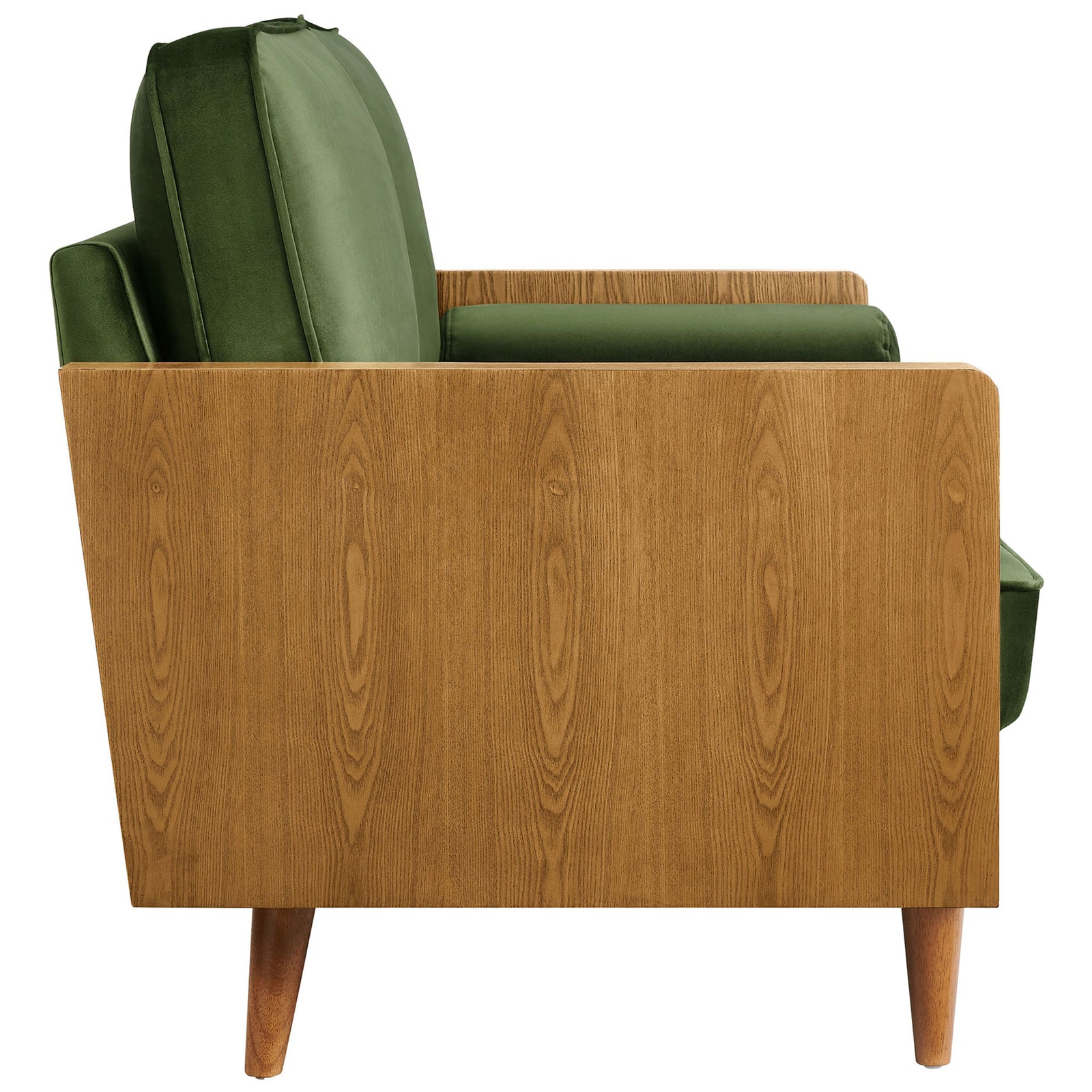 Moss green velvet loveseat highlighting the full wood side panel and tapered legs || EEI-6945-WAL-MOG || side_studio