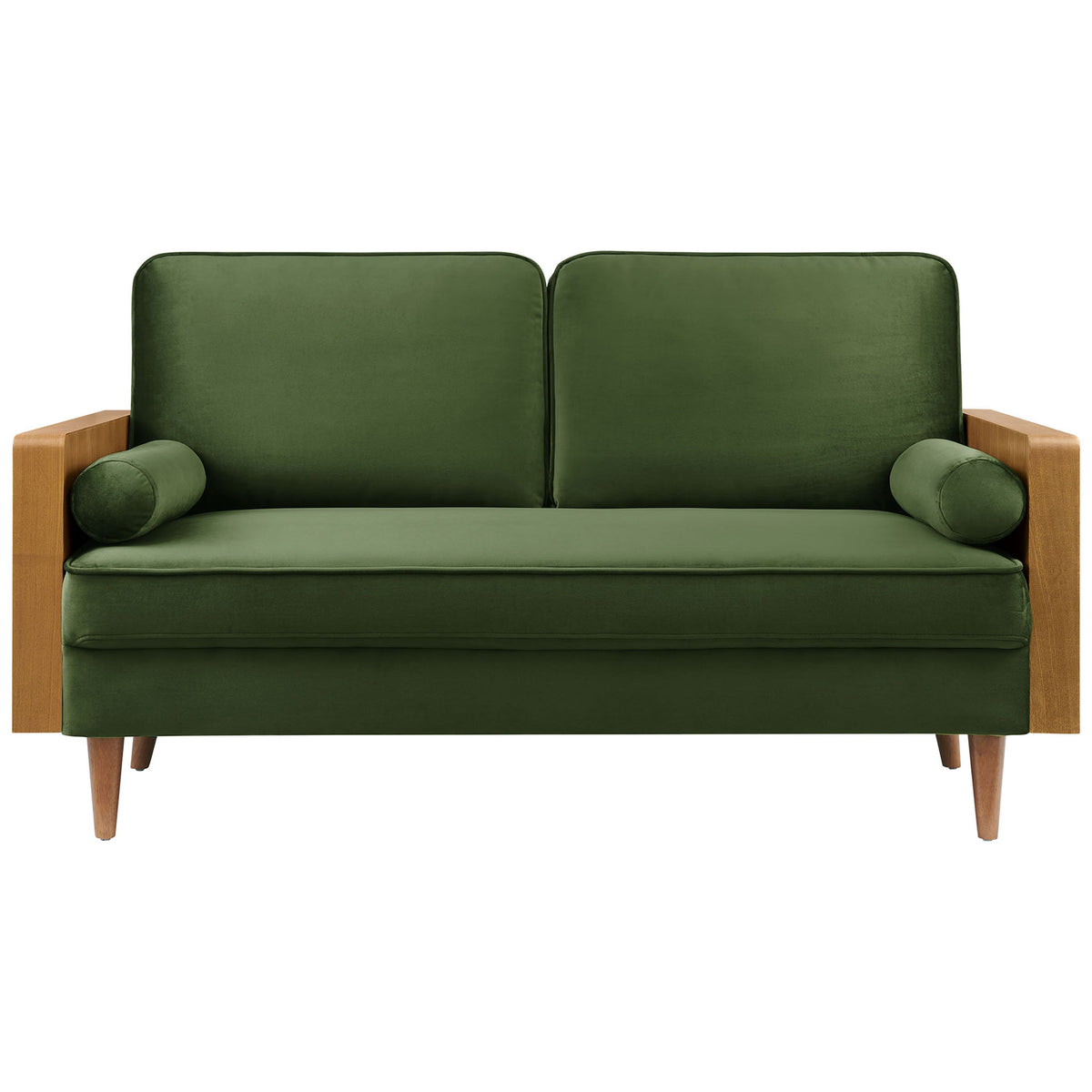 Kellan moss green velvet loveseat with twin back cushions and matching bolster pillows || EEI-6945-WAL-MOG || front_studio