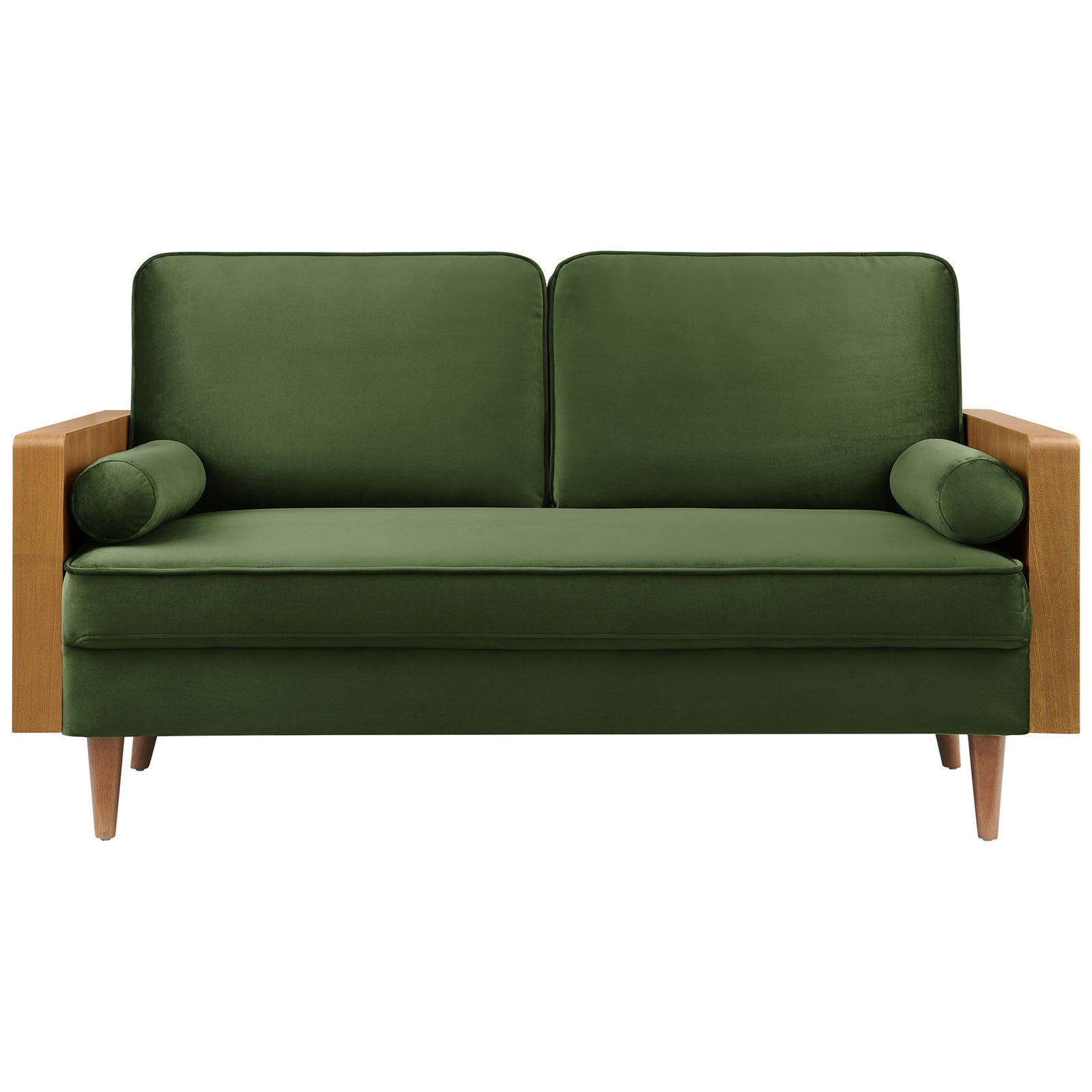 Kellan moss green velvet loveseat with twin back cushions and matching bolster pillows || EEI-6945-WAL-MOG || front_studio