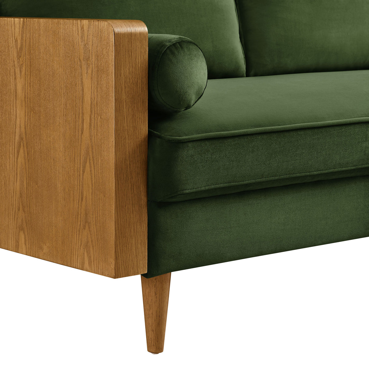 Moss green velvet loveseat arm with round bolster pillow and tapered wood leg || EEI-6945-WAL-MOG || detail_studio