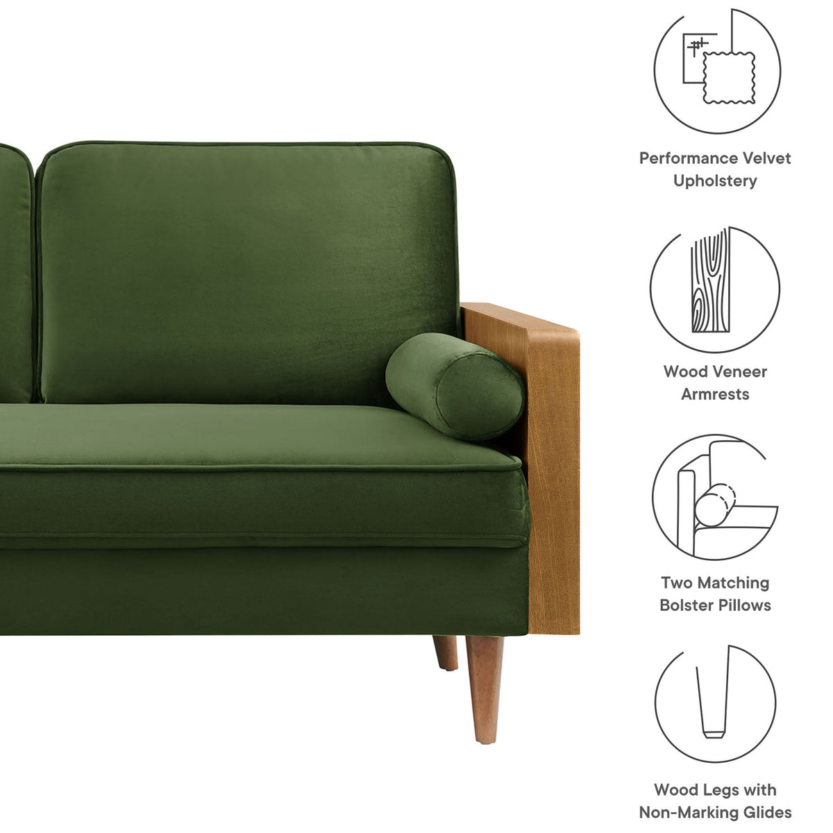 Moss green velvet loveseat featuring performance fabric, wood veneer arms, bolster pillows, and non-marking legs || EEI-6945-WAL-MOG || callout_studio