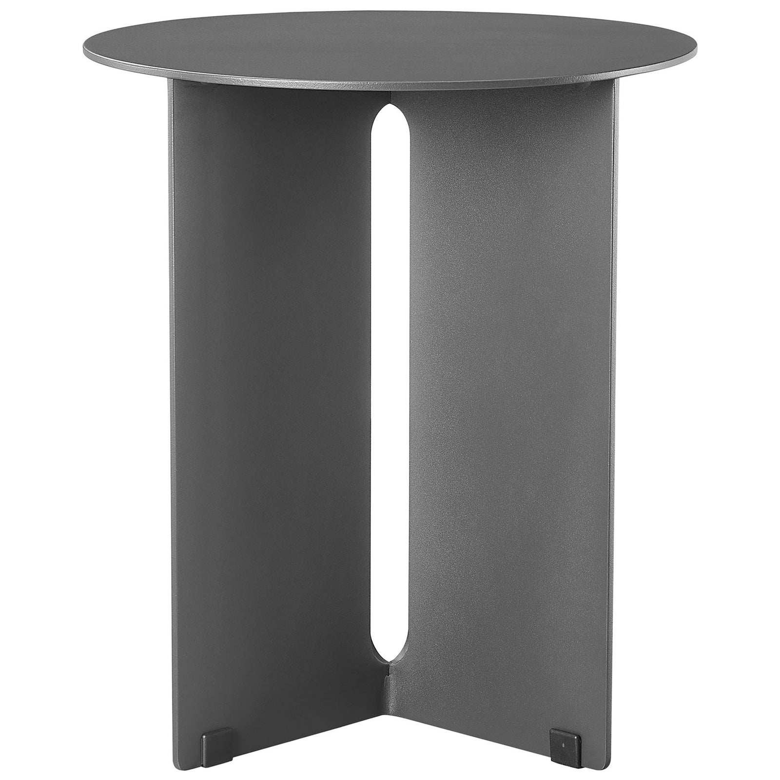 Charcoal aluminum outdoor side table with intersecting base and round top || EEI-6946-CHA || front_studio