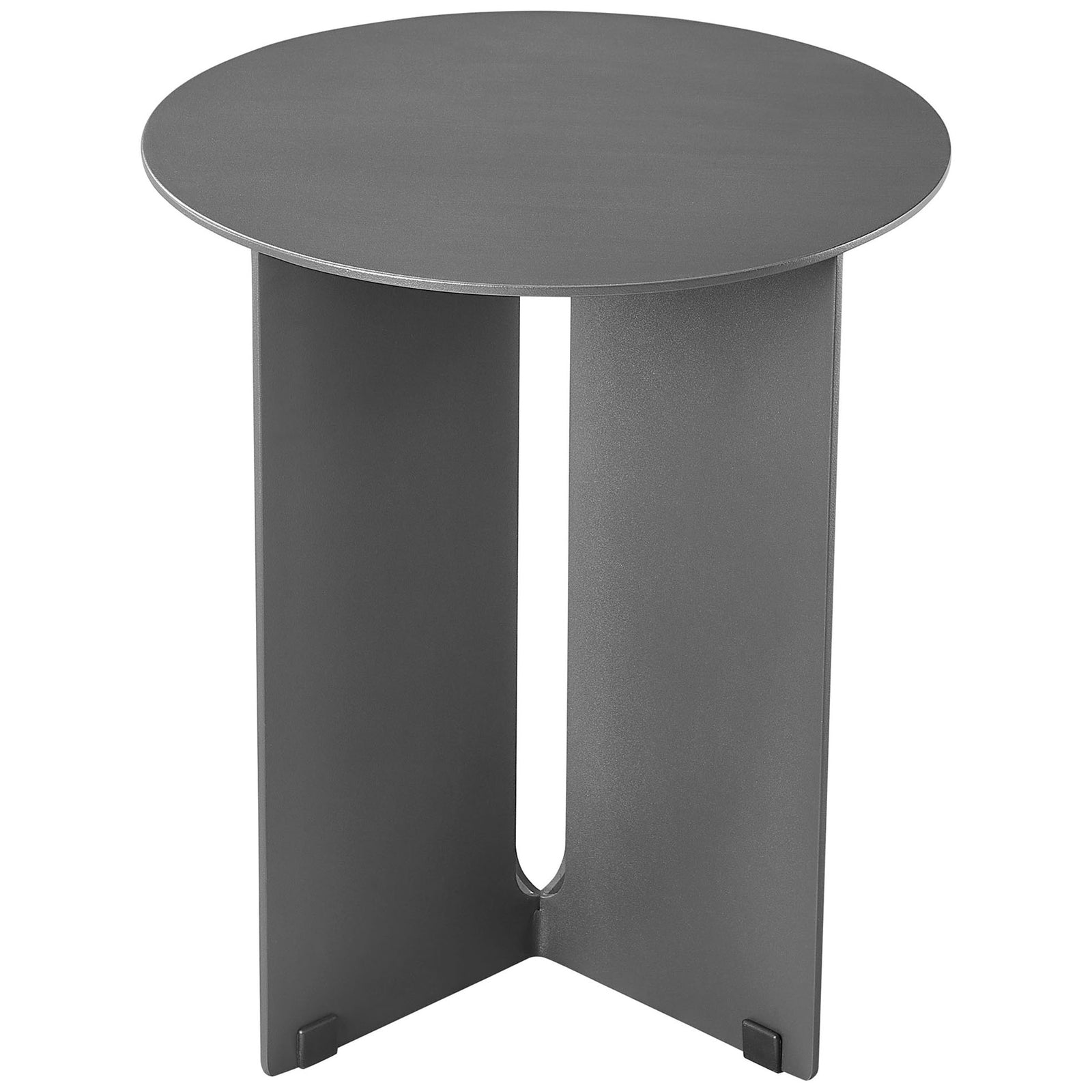 Charcoal round patio side table with slim profile and sculptural metal base || EEI-6946-CHA || front_angle_studio