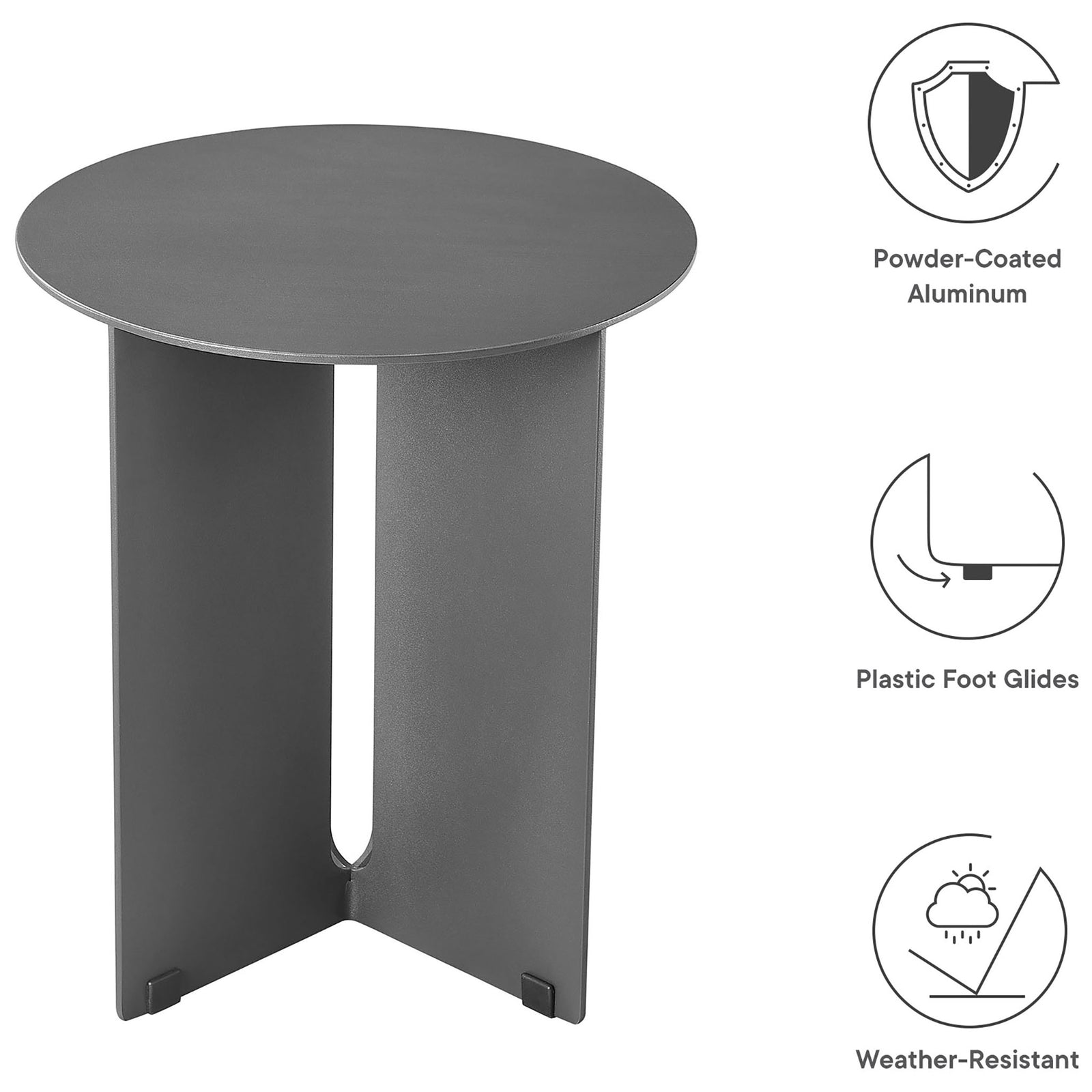Charcoal outdoor aluminum side table with icons highlighting weather resistance and plastic glides || EEI-6946-CHA || callout_studio