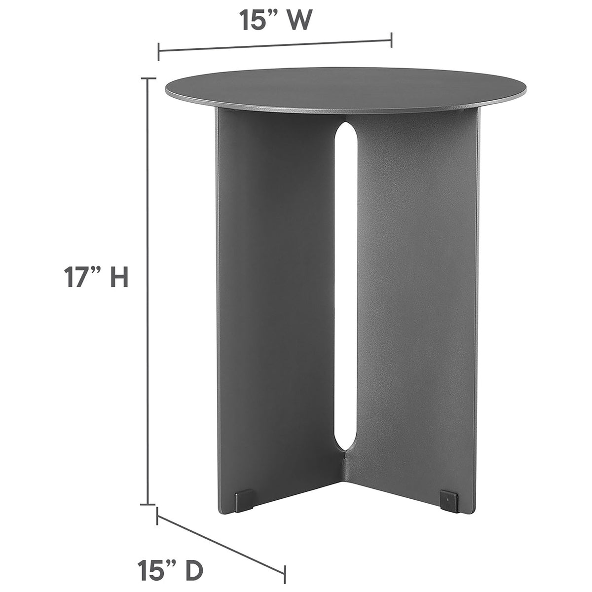 Charcoal outdoor side table with labeled 15 inch width, 15 inch depth, and 17 inch height measurements || EEI-6946-CHA || dimension_studio