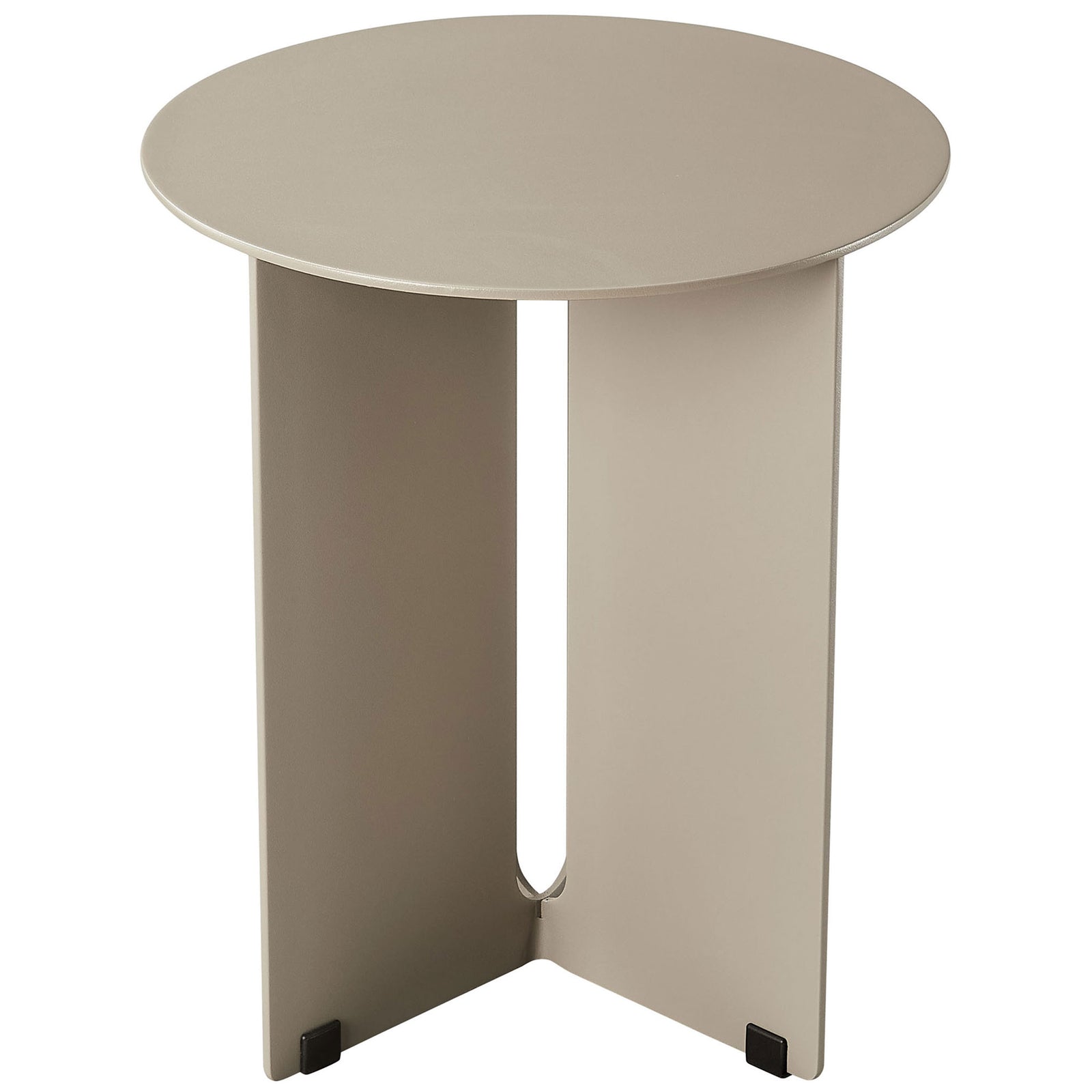 Khaki round patio side table with slim profile and sculptural metal base || EEI-6946-KHA || front_angle_studio
