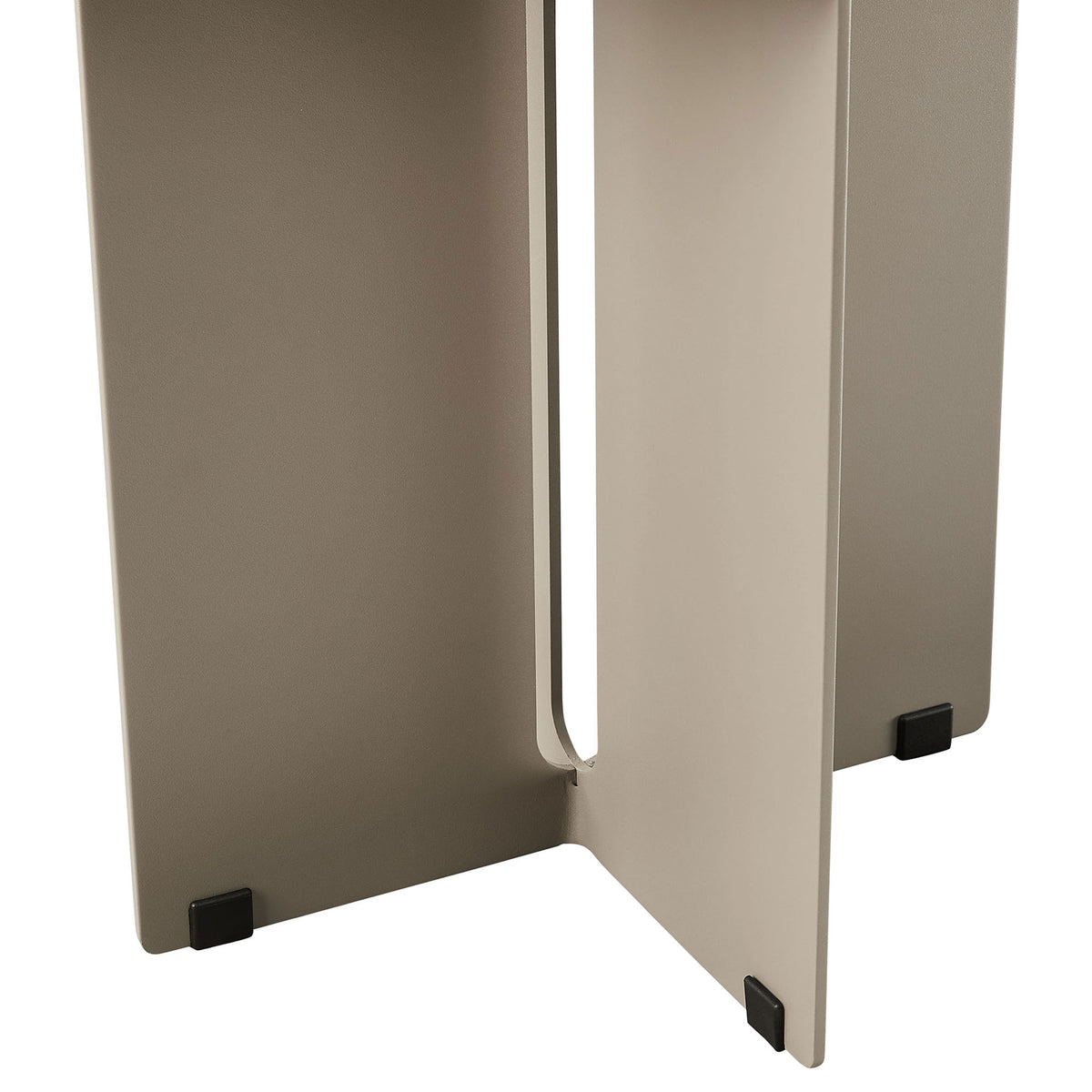 Khaki metal side table base showing central cut-out and protective foot glides || EEI-6946-KHA || leg_studio