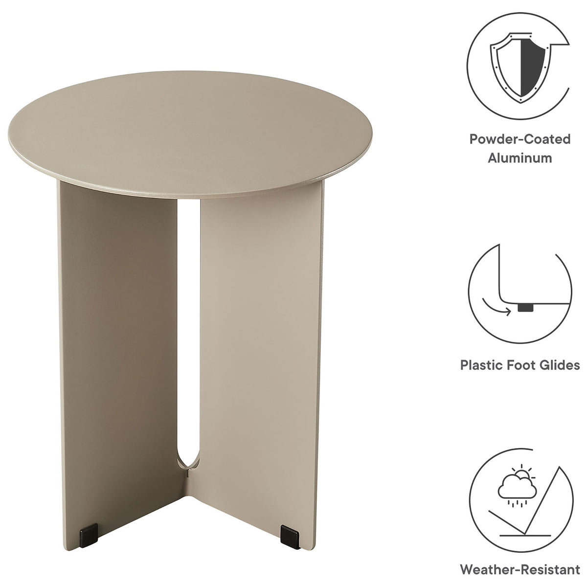 Khaki outdoor aluminum side table with icons highlighting weather resistance and plastic glides || EEI-6946-KHA || callout_studio