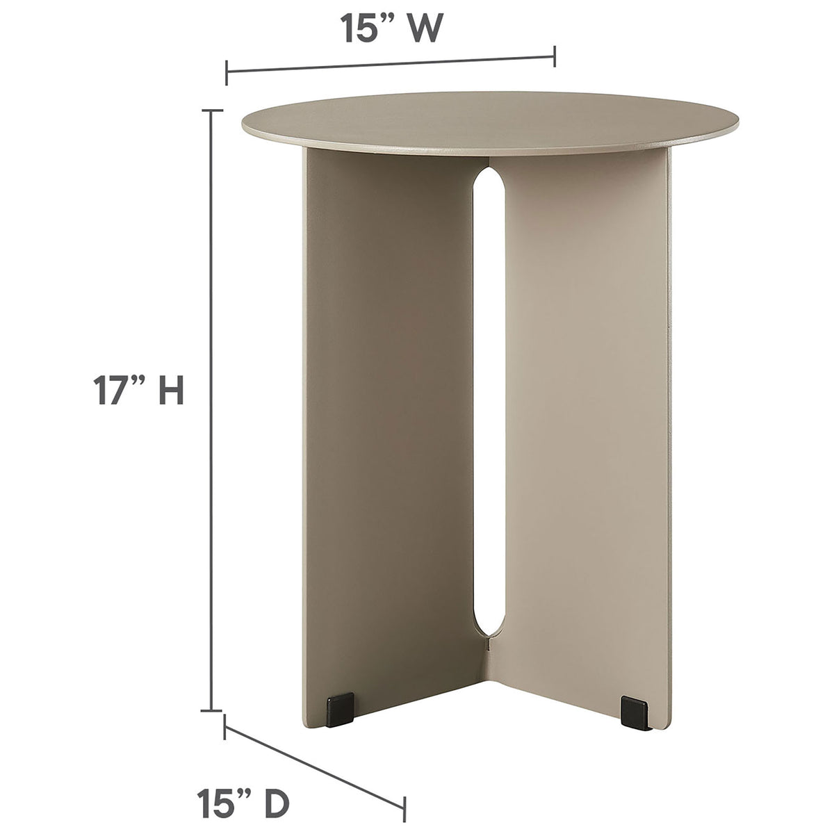 Khaki outdoor side table with labeled 15 inch width, 15 inch depth, and 17 inch height measurements || EEI-6946-KHA || dimension_studio