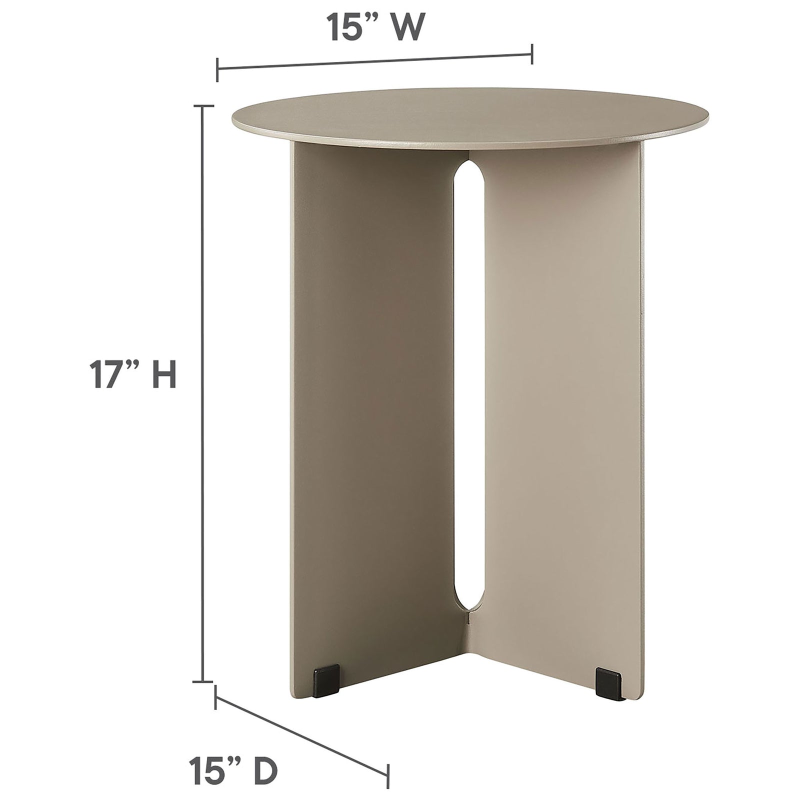 Khaki outdoor side table with labeled 15 inch width, 15 inch depth, and 17 inch height measurements || EEI-6946-KHA || dimension_studio