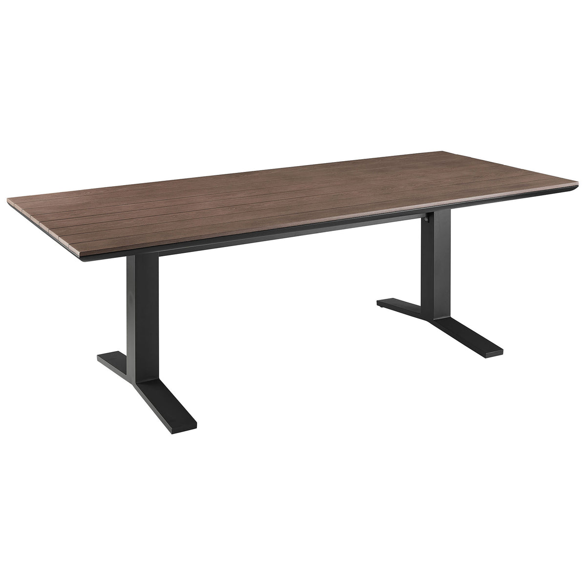 Spacious 91-inch gray wash outdoor dining table with charcoal aluminum base and slatted faux wood top. || EEI-6948-GWA-GRY || front_angle_studio