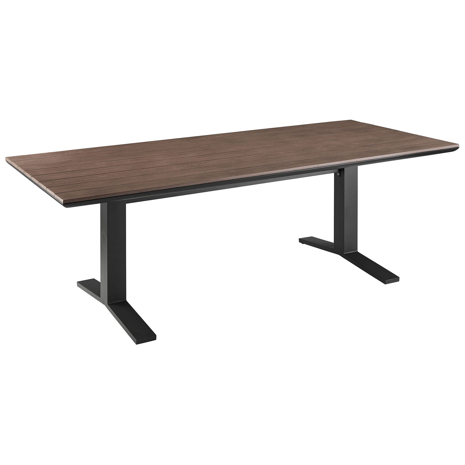 Spacious 91-inch gray wash outdoor dining table with charcoal aluminum base and slatted faux wood top. || EEI-6948-GWA-GRY || front_angle_studio