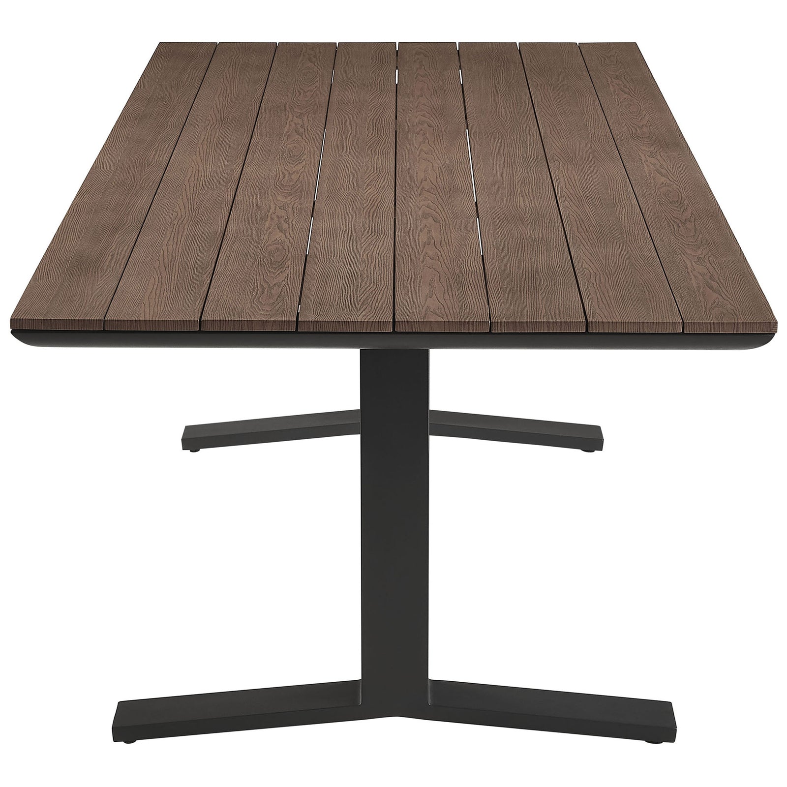 Long slatted faux wood tabletop offers generous space for outdoor meals and seating six to eight guests. || EEI-6948-GWA-GRY || top_studio