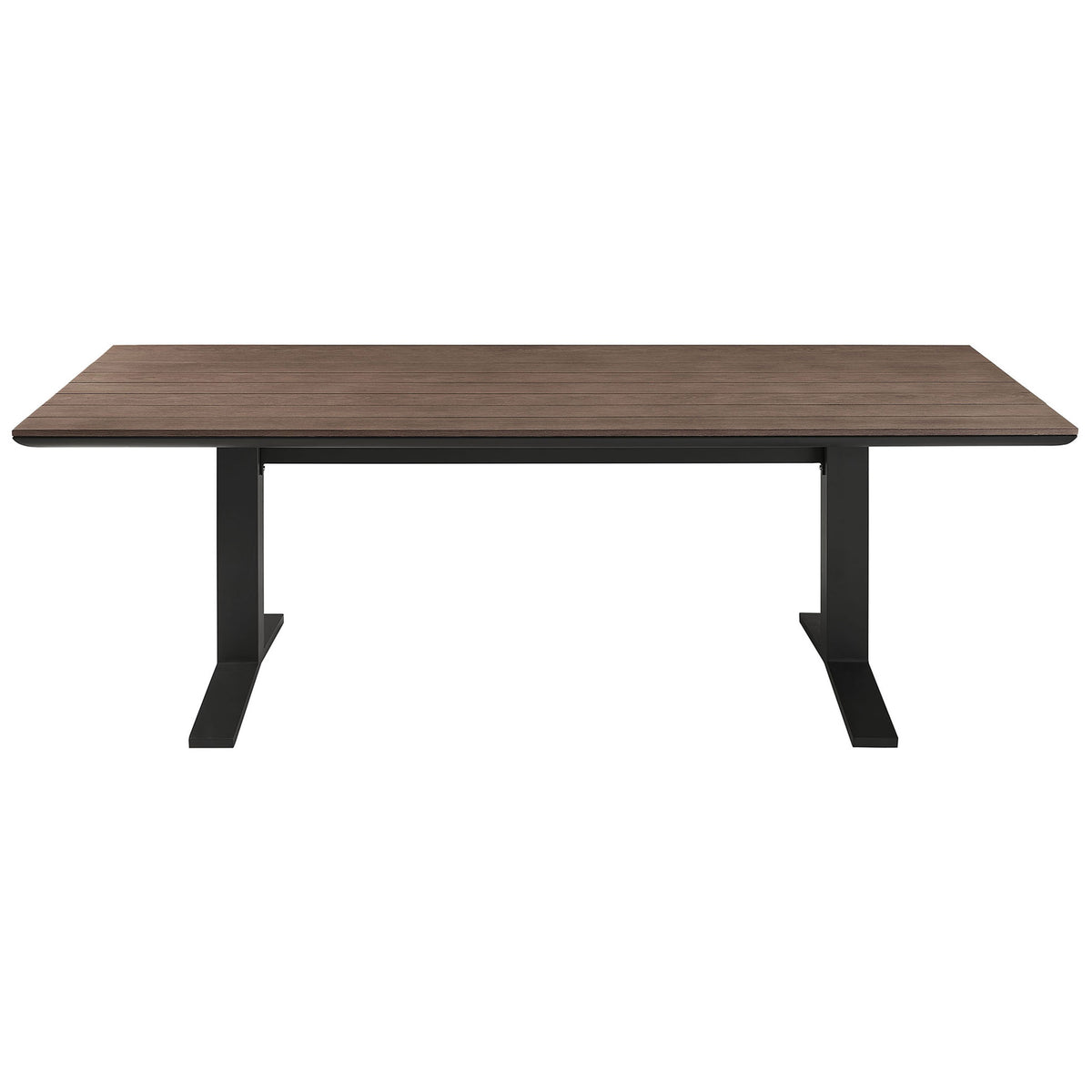 Modern rectangular outdoor dining table with clean profile and sturdy T-shaped pedestal legs. || EEI-6948-GWA-GRY || front_studio