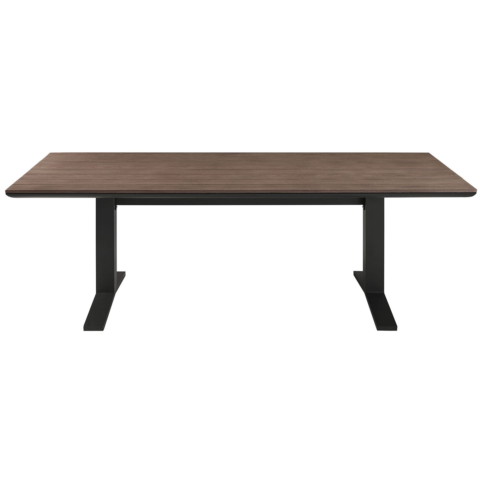 Modern rectangular outdoor dining table with clean profile and sturdy T-shaped pedestal legs. || EEI-6948-GWA-GRY || front_studio