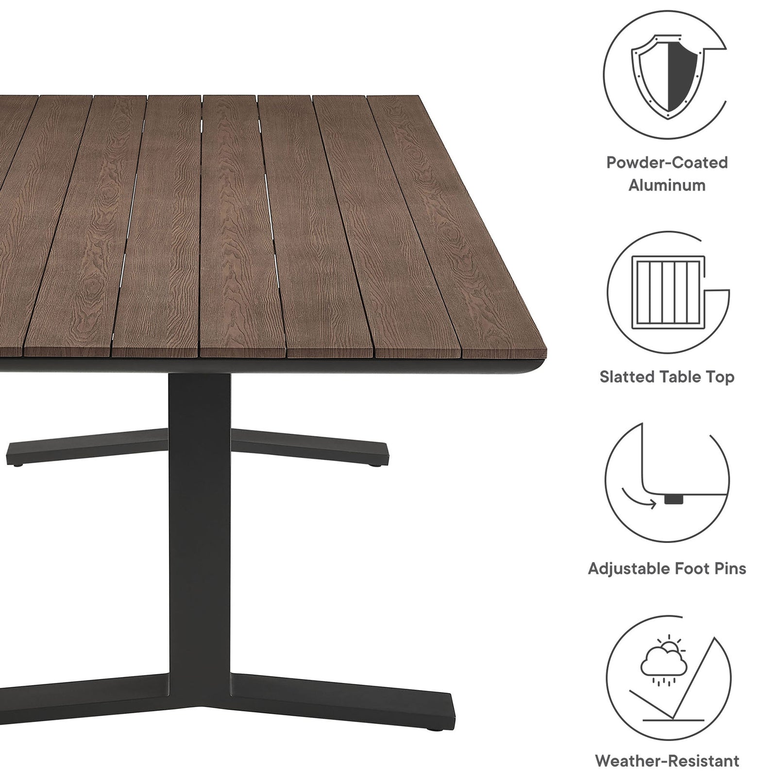 Powder-coated aluminum frame, slatted top, adjustable foot pins, and weather-resistant design highlighted with icons. || EEI-6948-GWA-GRY || callout_studio