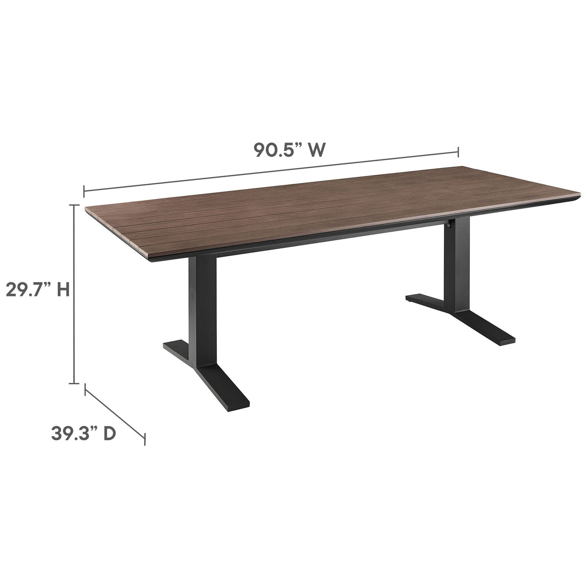 Measurements of the 91-inch outdoor dining table showing its overall width, depth, and dining height. || EEI-6948-GWA-GRY || dimension_studio