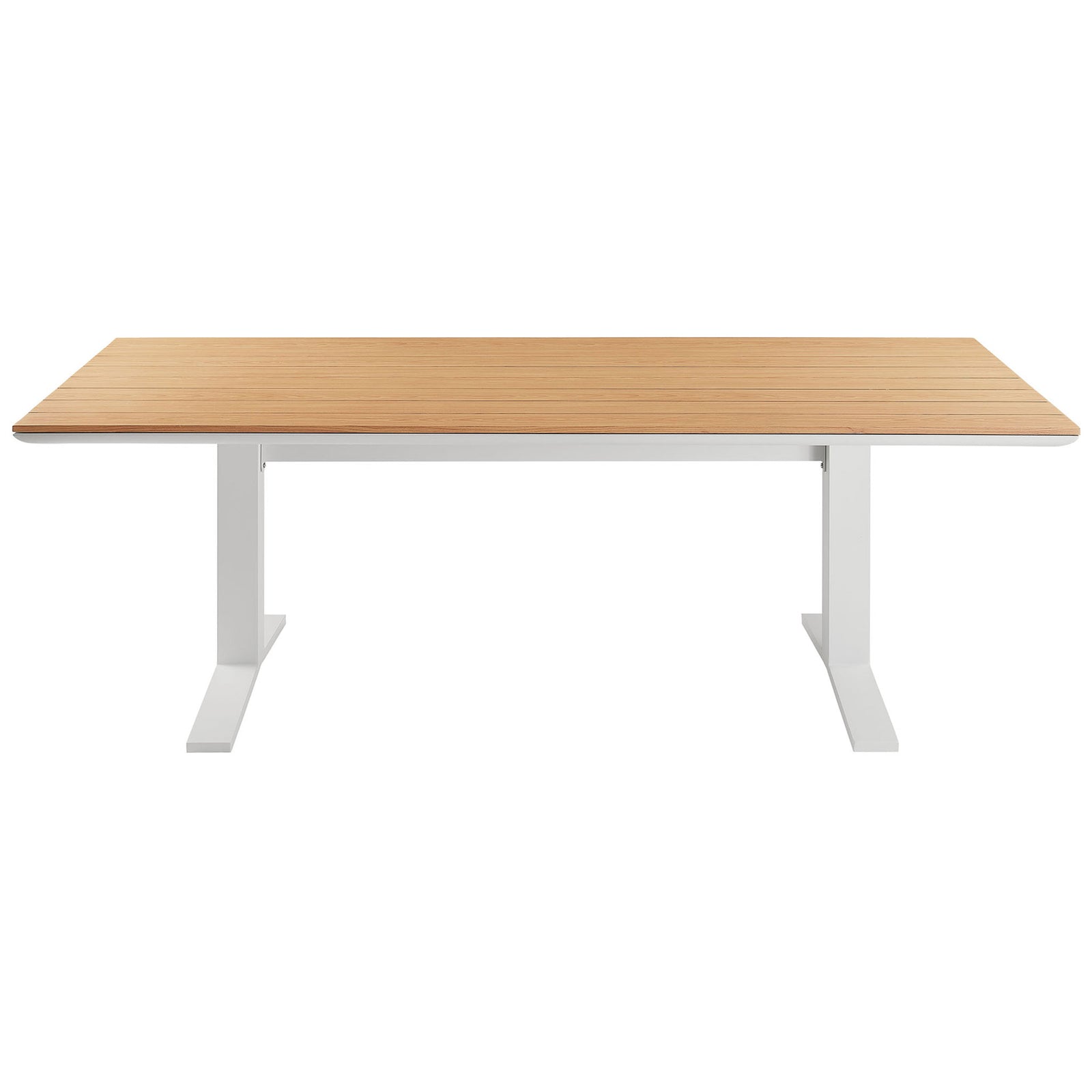 Sleek rectangular outdoor dining table with warm natural finish and streamlined white pedestal legs. || EEI-6948-NAT-WHI || front_studio