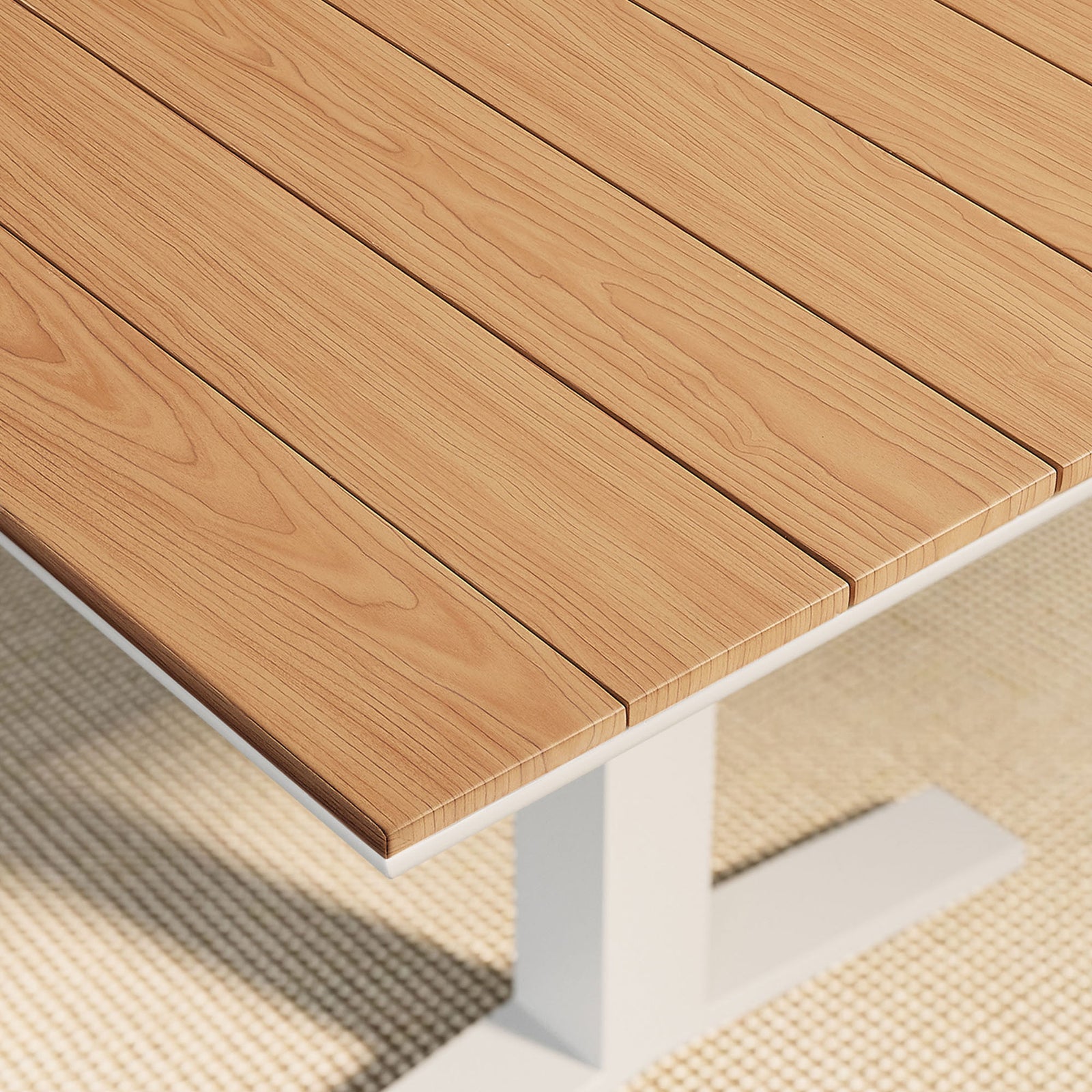 Natural tabletop and outdoor rug together create a warm, inviting foundation for modern patio gatherings. || EEI-6948-NAT-WHI || swatch_room