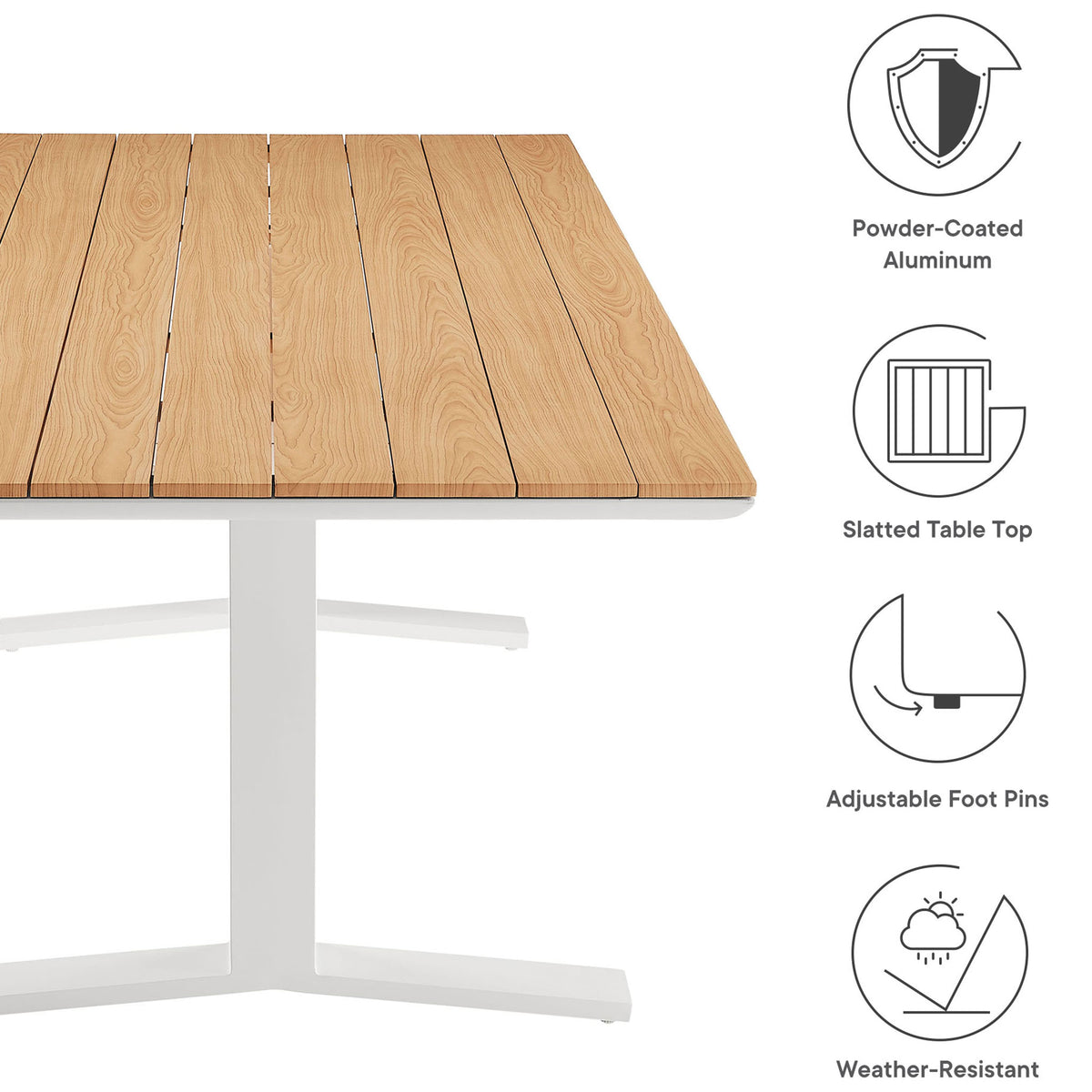 Powder-coated aluminum frame, slatted top, adjustable foot pins, and weather resistance called out with icons. || EEI-6948-NAT-WHI || callout_studio