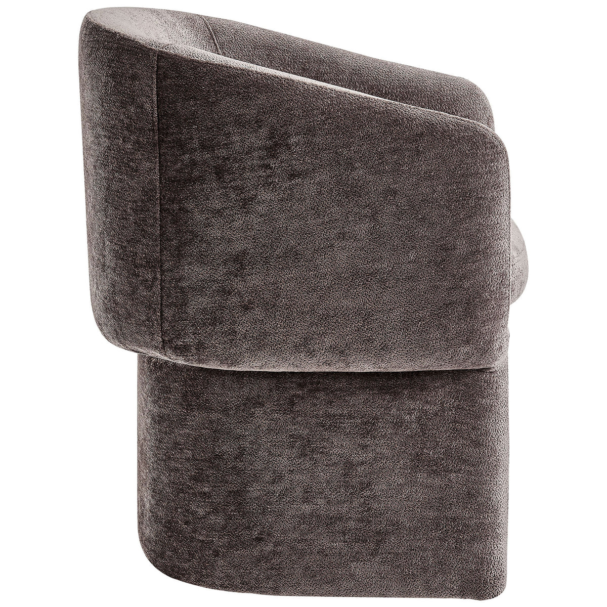 Curved barrel back dining chair in chocolate brown chenille showcasing its smooth, continuous side profile. || EEI-6951-CHB || side_studio
