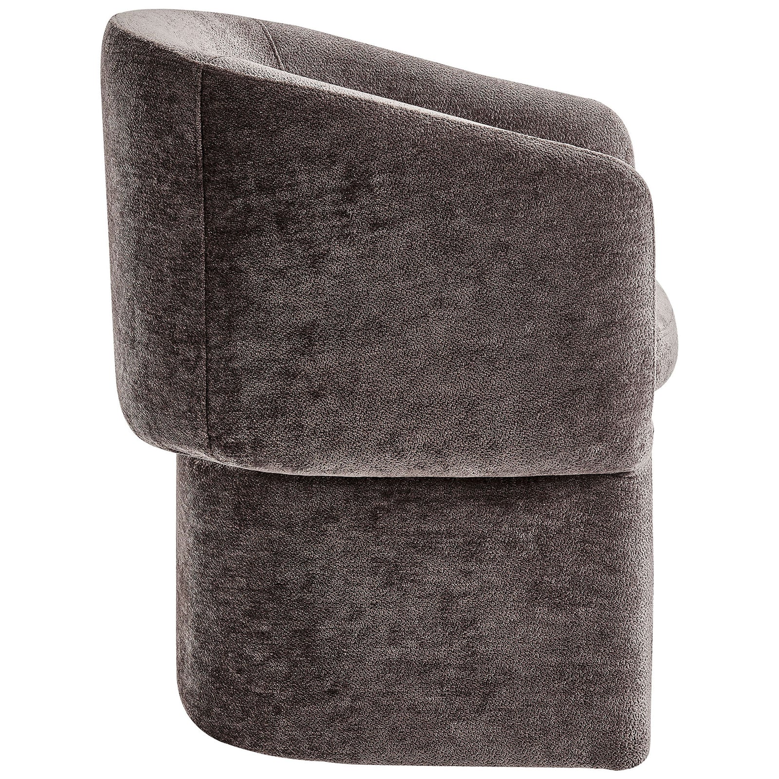 Curved barrel back dining chair in chocolate brown chenille showcasing its smooth, continuous side profile. || EEI-6951-CHB || side_studio