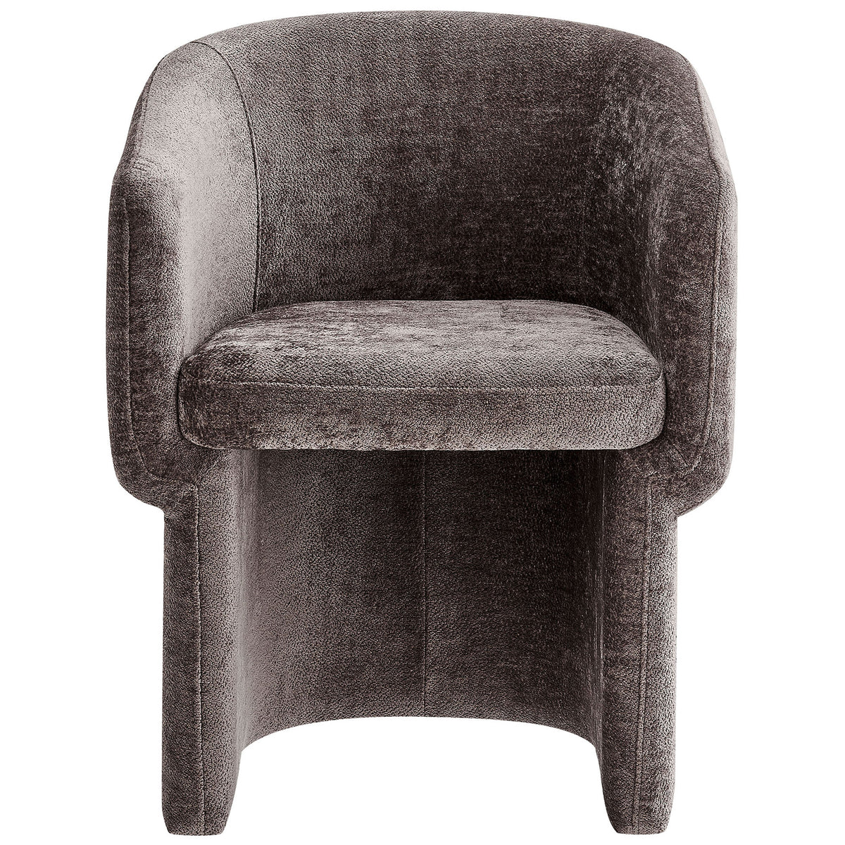 Barrel back chenille dining armchair in rich chocolate brown with padded seat and integrated arms. || EEI-6951-CHB || front_studio