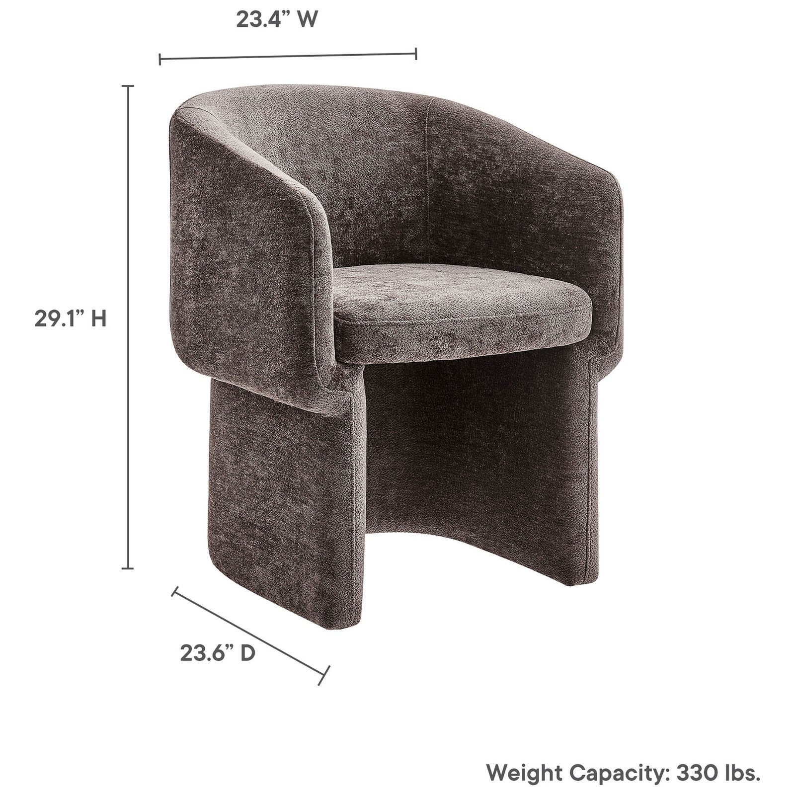 Compact chenille barrel dining armchair sized for dining spaces and supporting up to 330 pounds. || EEI-6951-CHB || dimension_studio