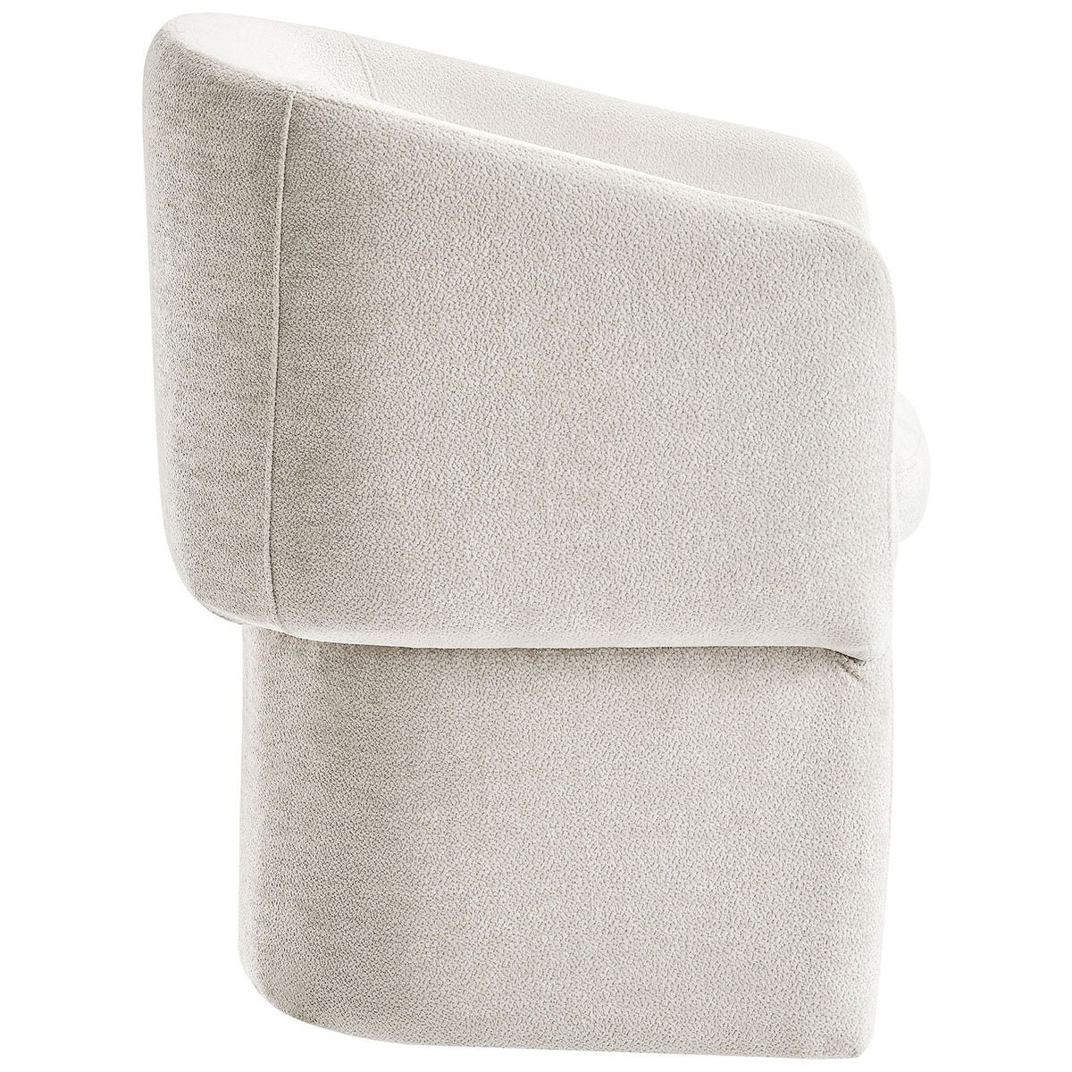 Streamlined ivory chenille armchair with continuous barrel sides and solid panel base for a modern minimalist look || EEI-6951-IVO || side_studio