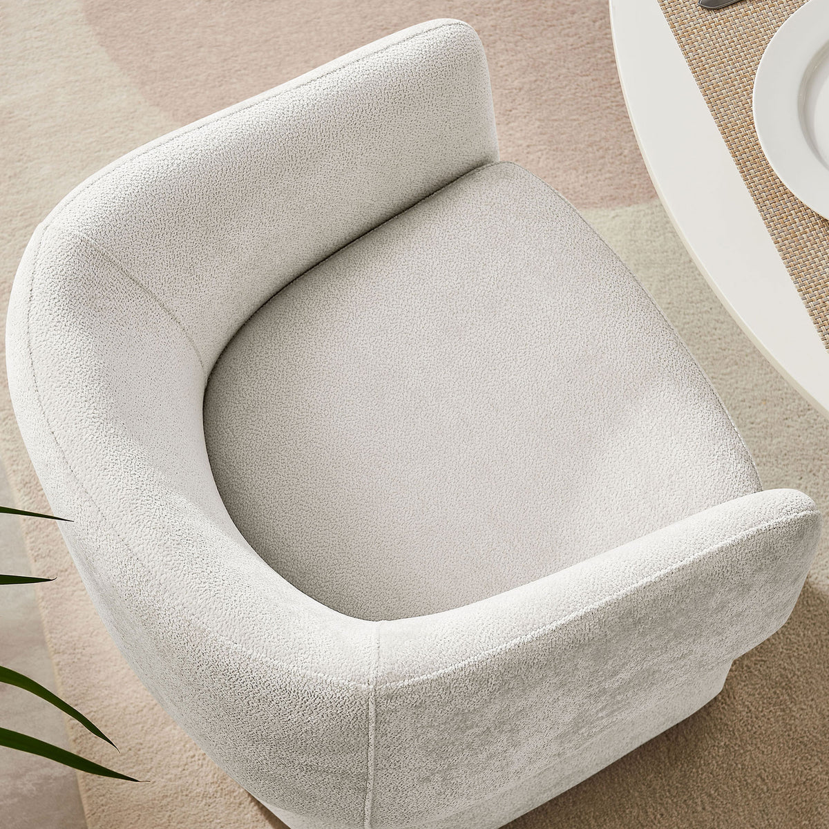 Ivory barrel armchair with wide cushioned seat and fully wrapped back that curves around for lounge-worthy comfort || EEI-6951-IVO || top_room