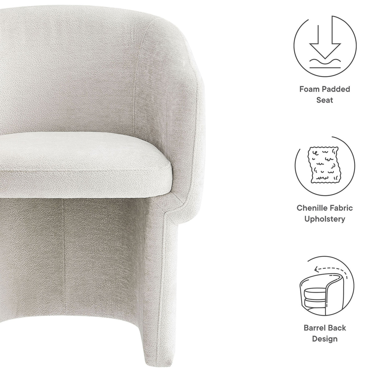 Ivory barrel back chair with visual callouts for foam padded seat, chenille upholstery, and supportive barrel design || EEI-6951-IVO || callout_studio