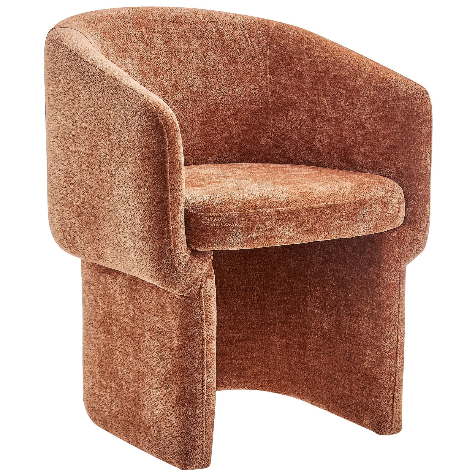 Rust chenille barrel dining armchair with plush seat and fully upholstered pedestal base || EEI-6951-RUS || front_angle_studio