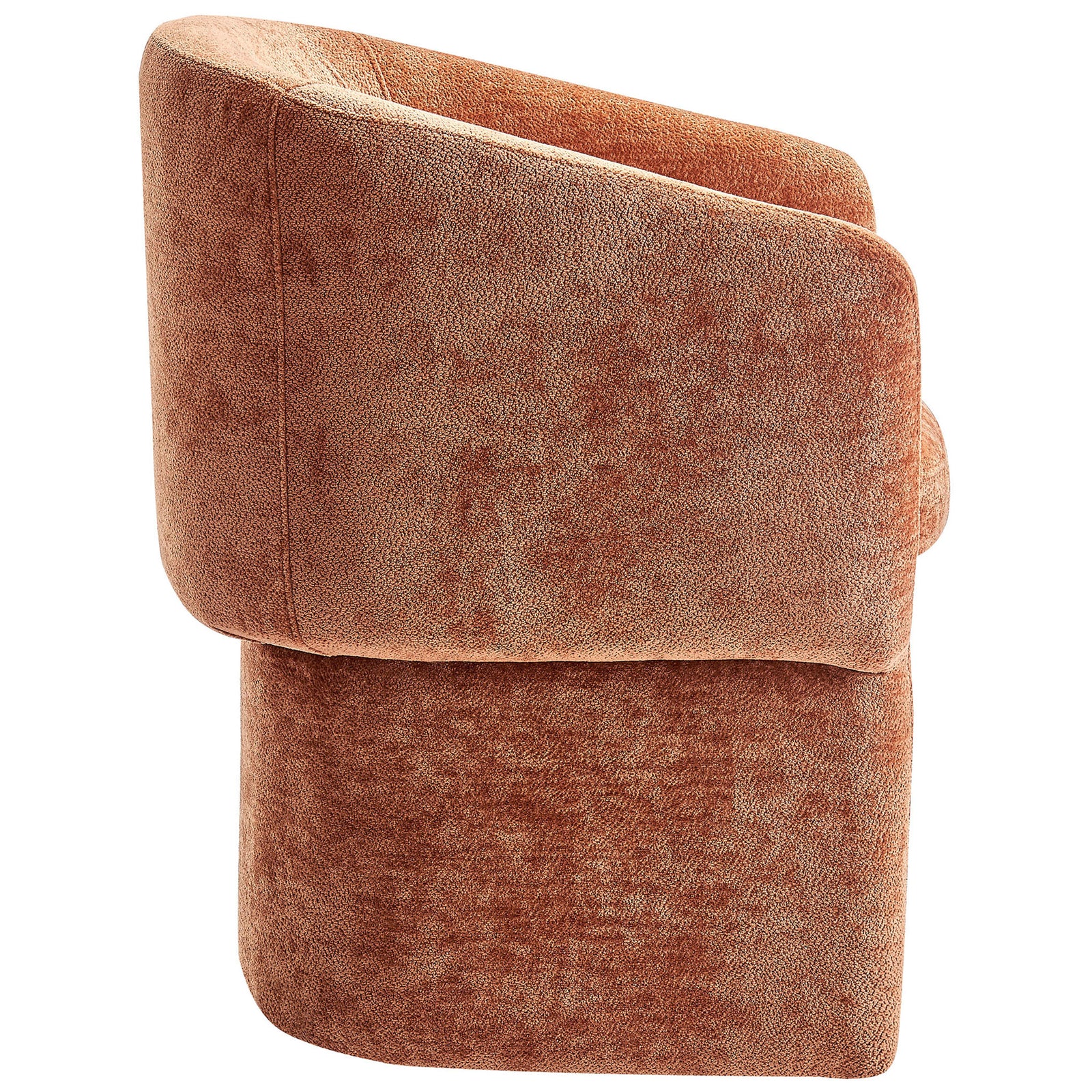 Curved barrel-back rust chenille armchair showcasing the smooth, fully upholstered silhouette || EEI-6951-RUS || side_studio